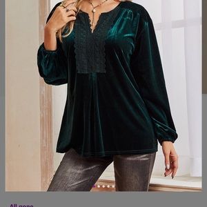Dark Green Velvet Notch Neck Lace-Panel Tunic - Women. Excellent condition.